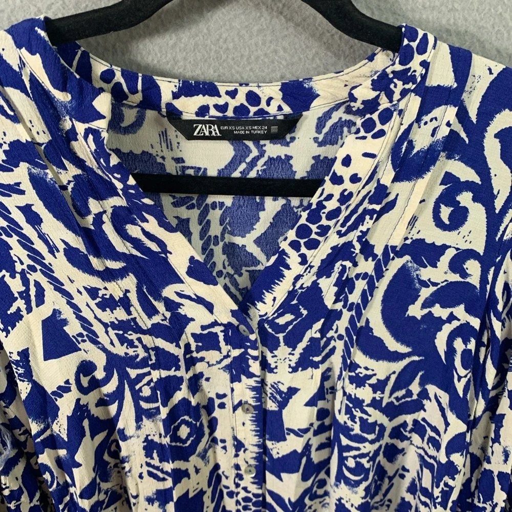 Zara‎ Women's Blue White Geometric V-Neck Balloon Sleeve Fit & Flare Dress XS